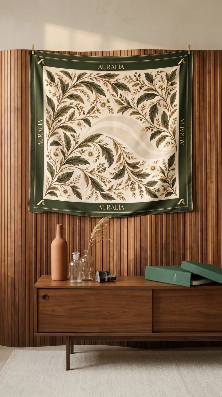 A botanical scarf displayed above a wooden cabinet.