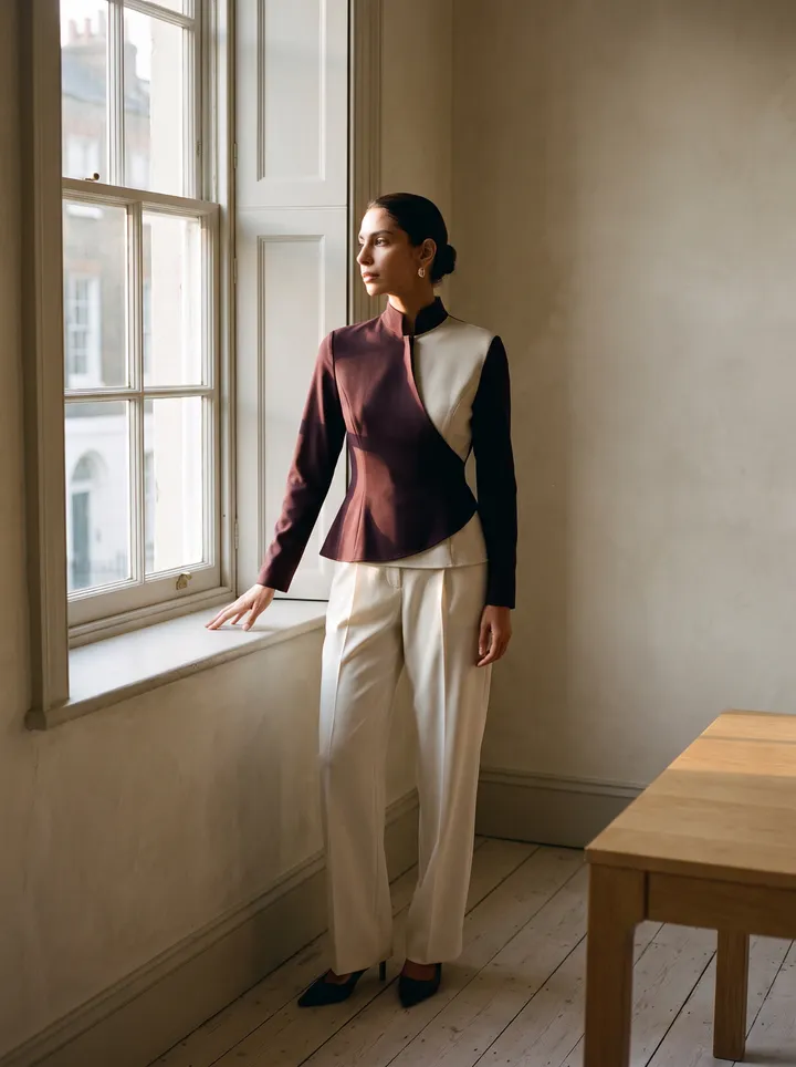 A woman wearing an aubergine and ivory top beside a window.
